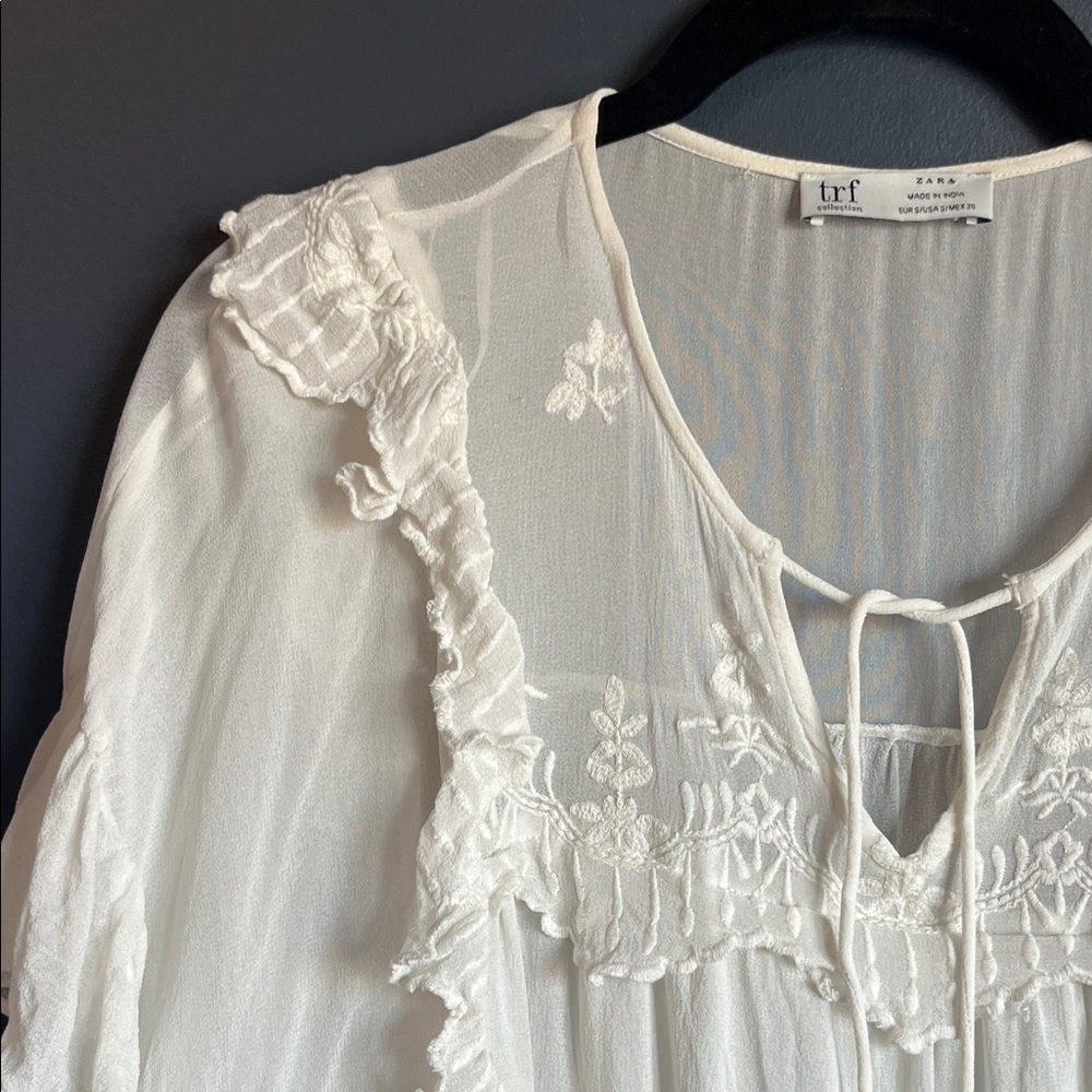 Zara White Ruffled Embroidered Blouse - Picture 3 of 11